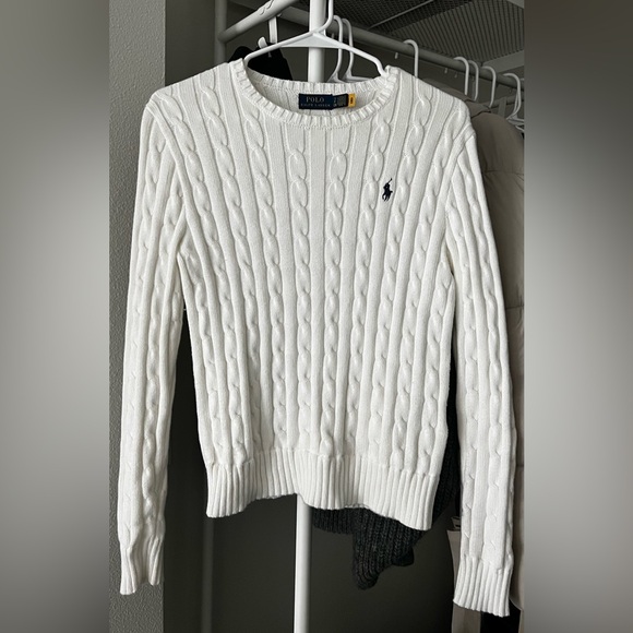 Ralph Lauren White Cable-Knit Scoop Neck Sweater with Navy Pony - Picture 5 of 6